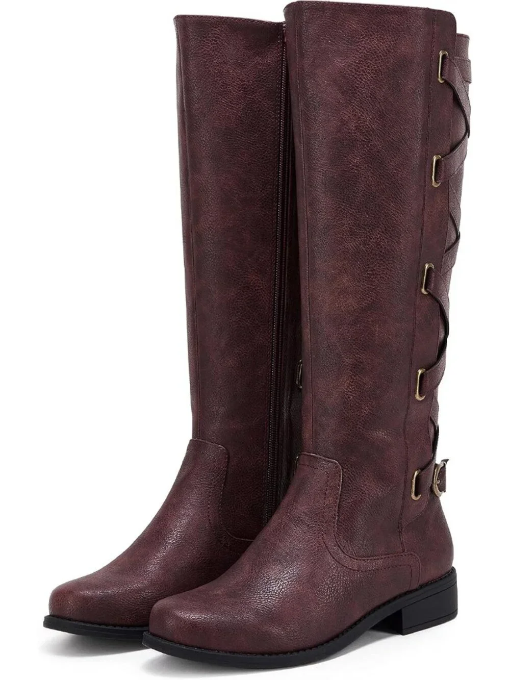 Women's Wine Red Strappy Motorcycle Lace Up Riding Flat Low Heel Knee High Boots
